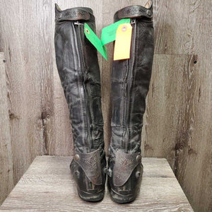 Dress Boots, Zips, Tooled Tops, Punched Toes *fair, v.repaired, rubs, film, scrapes, gouges, holes, missing logo, dirt, scrapes, uneven heels
