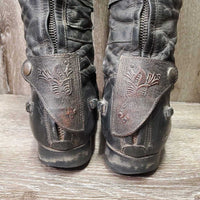 Dress Boots, Zips, Tooled Tops, Punched Toes *fair, v.repaired, rubs, film, scrapes, gouges, holes, missing logo, dirt, scrapes, uneven heels
