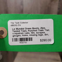 Dress Boots, Zips, Tooled Tops, Punched Toes *fair, v.repaired, rubs, film, scrapes, gouges, holes, missing logo, dirt, scrapes, uneven heels
