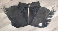 Hvy Suede Full Chaps, fringe, Back Concho *gc, older, dirt, rubs, stiff
