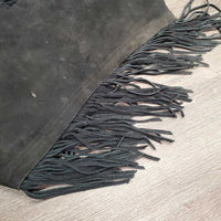 Hvy Suede Full Chaps, fringe, Back Concho *gc, older, dirt, rubs, stiff
