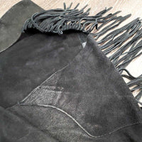 Hvy Suede Full Chaps, fringe, Back Concho *gc, older, dirt, rubs, stiff
