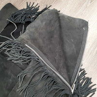 Hvy Suede Full Chaps, fringe, Back Concho *gc, older, dirt, rubs, stiff
