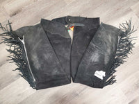 Hvy Suede Full Chaps, fringe, Back Concho *gc, older, dirt, rubs, stiff
