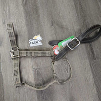 Nylon & Val du Bois Leather Crown Breakaway Halter, snap *gc, dirty, edge rubs/snags, stains *Crown *xc, mnr creases