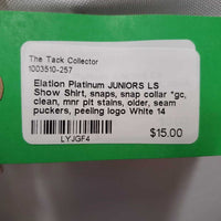 JUNIORS LS Show Shirt, snaps, snap collar *gc, clean, mnr pit stains, older, seam puckers, peeling logo
