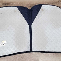 Quilt Jumper Saddle Pad, 1x piping *gc, clean, cut tabs, pilly, threads, undone stitching, rubs, mnr faded, puckers, hair, stains