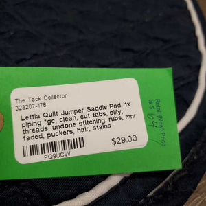 Quilt Jumper Saddle Pad, 1x piping *gc, clean, cut tabs, pilly, threads, undone stitching, rubs, mnr faded, puckers, hair, stains