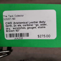 Anatomical Leather Belly Girth, 2x els, caribiner *gc, older, dry, scratches, gouges, stains
