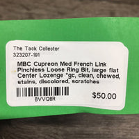 Med French Link Pinchless Loose Ring Bit, large flat Center Lozenge *gc, clean, chewed, stains, discolored, scratches
