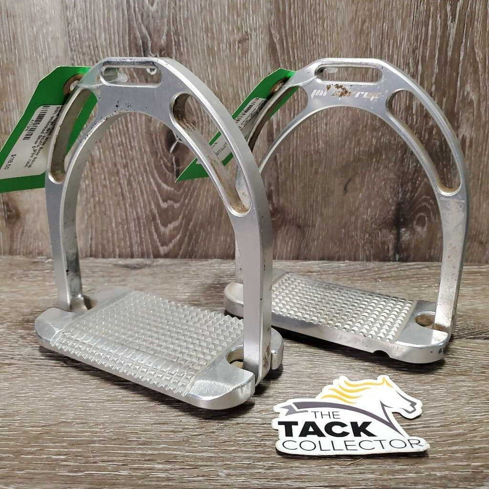 Pr Aluminum Wide Base Stirrup Irons *vgc, dirt, scuffs, grips: rubs, thin, smoothed