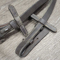 Narrow Rubber Lined Leather Reins *gc/fair, dry, rubs, loose threads, creases, dirt, thin edges, loose hooks
