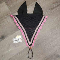 Crochet Tie Down Fly Bonnet, 2x piping, 3x bling, Noseband Elastic *xc, clean, mnr hair & curled edge