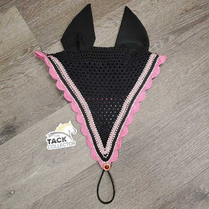 Crochet Tie Down Fly Bonnet, 2x piping, 3x bling, Noseband Elastic *xc, clean, mnr hair & curled edge