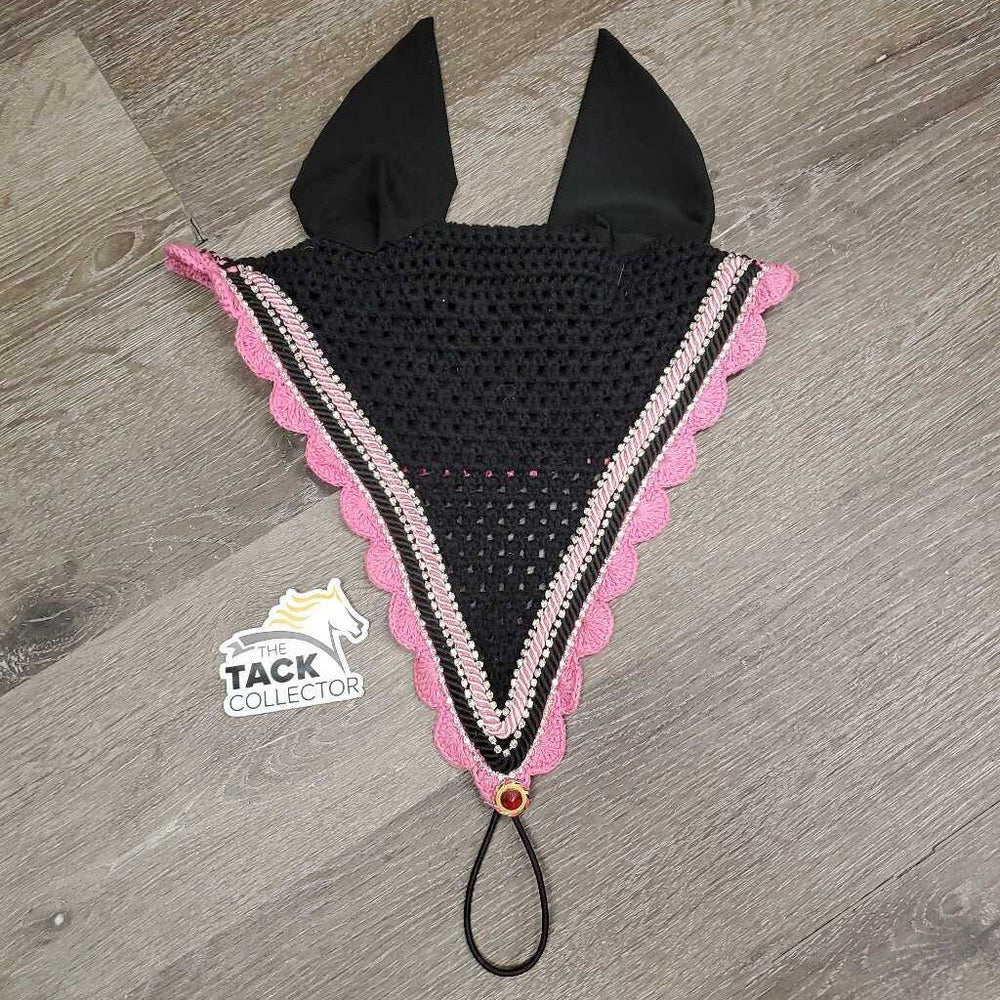 Crochet Tie Down Fly Bonnet, 2x piping, 3x bling, Noseband Elastic *xc, clean, mnr hair & curled edge