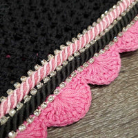 Crochet Tie Down Fly Bonnet, 2x piping, 3x bling, Noseband Elastic *xc, clean, mnr hair & curled edge
