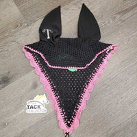 Crochet Tie Down Fly Bonnet, 2x piping, 3x bling, Noseband Elastic *xc, clean, mnr hair & curled edge
