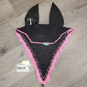 Crochet Tie Down Fly Bonnet, 2x piping, 3x bling, Noseband Elastic *xc, clean, mnr hair & curled edge