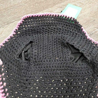 Crochet Tie Down Fly Bonnet, 2x piping, 3x bling, Noseband Elastic *xc, clean, mnr hair & curled edge
