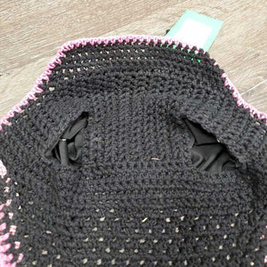 Crochet Tie Down Fly Bonnet, 2x piping, 3x bling, Noseband Elastic *xc, clean, mnr hair & curled edge
