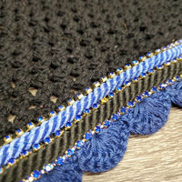 Crochet Tie Down Fly Bonnet, 2x piping, 3x bling, noseband elastic *vgc, clean, mnr faded, missing bling
