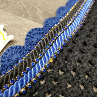 Crochet Tie Down Fly Bonnet, 2x piping, 3x bling, noseband elastic *vgc, clean, mnr faded, missing bling
