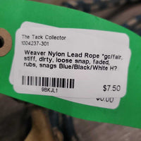 Nylon Lead Rope *gc/fair, stiff, dirty, loose snap, faded, rubs, snags
