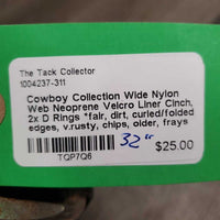 Wide Nylon Web Neoprene Velcro Liner Cinch, 2x D Rings *fair, dirt, curled/folded edges, v.rusty, chips, older, frays

