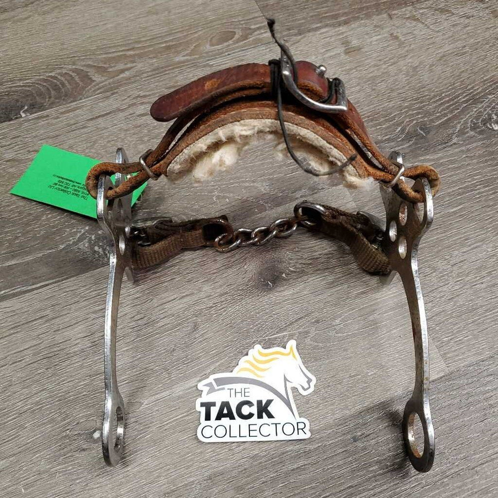 English Hackamore, fleece nose, nylon chin strap *fair, v.rusty, faded, tied buckle, cracks, stains