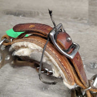 English Hackamore, fleece nose, nylon chin strap *fair, v.rusty, faded, tied buckle, cracks, stains