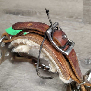 English Hackamore, fleece nose, nylon chin strap *fair, v.rusty, faded, tied buckle, cracks, stains