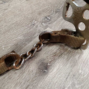 English Hackamore, fleece nose, nylon chin strap *fair, v.rusty, faded, tied buckle, cracks, stains