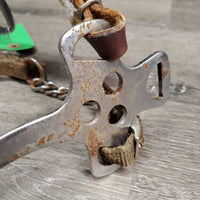English Hackamore, fleece nose, nylon chin strap *fair, v.rusty, faded, tied buckle, cracks, stains
