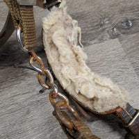 English Hackamore, fleece nose, nylon chin strap *fair, v.rusty, faded, tied buckle, cracks, stains
