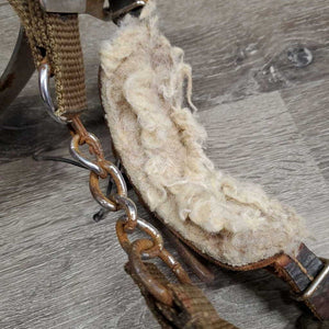 English Hackamore, fleece nose, nylon chin strap *fair, v.rusty, faded, tied buckle, cracks, stains