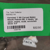 SS Curved Mullen Mouth Pelham Bit, 2 Hooks *gc, clean, stains, scale, scratches
