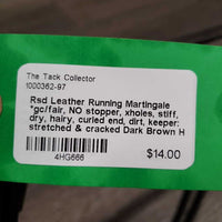 Rsd Leather Running Martingale *gc/fair, NO stopper, xholes, stiff, dry, hairy, curled end, dirt, keeper: stretched & cracked
