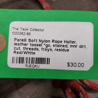 Soft Nylon Rope Halter, leather tassel *gc, stained, mnr dirt, cut, threads, frays, residue
