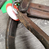 Hvy Soft Leather Halter, snap, nameplate holes *gc, older, mnr dirt, residue, dirt, rubs, oxidization, cuts, scrapes, threads, dents, stains
