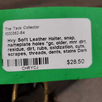 Hvy Soft Leather Halter, snap, nameplate holes *gc, older, mnr dirt, residue, dirt, rubs, oxidization, cuts, scrapes, threads, dents, stains
