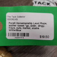 Horsemanship Lead Rope, leather tassel *gc, older, dingy, frays, cuts, marker, stains
