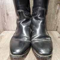 MENS Dress Boots, zips, 2 blue forms *gc, missing tab, dusty, creases, scratches, mnr dirt, older?, Zips: repair- L, unstitched-R
