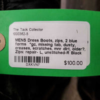 MENS Dress Boots, zips, 2 blue forms *gc, missing tab, dusty, creases, scratches, mnr dirt, older?, Zips: repair- L, unstitched-R
