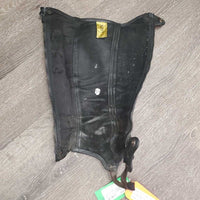 Pr Leather Half Chaps, bag *gc/fair, older, clean, unstitched seams, v.puckered, undone stitching, dry, stiff, rubs
