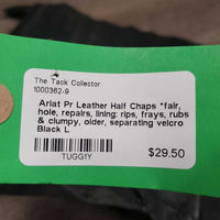 Pr Leather Half Chaps *fair, hole, repairs, lining: rips, frays, rubs & clumpy, older, separating velcro
