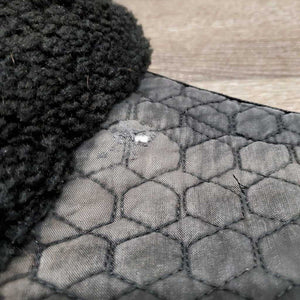 Quilt Sheepskin Half Pad, rolled edge *gc, clean, v. faded, stains, mnr hair, stiff, clumpy, rubs, hole