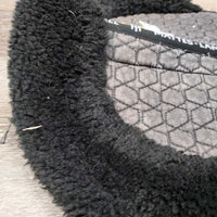 Quilt Sheepskin Half Pad, rolled edge *gc, clean, v. faded, stains, mnr hair, stiff, clumpy, rubs, hole
