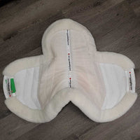 Sheepskin Shimmable Fitted Hunter Saddle Pad, non-slip top, mesh, 2 shims *vgc, clean, mnr stains, hair, threads, clumpy, puckers
