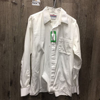 MENS LS Hvy Show Shirt, button collar, tie strap *gc, older?, seam puckers
