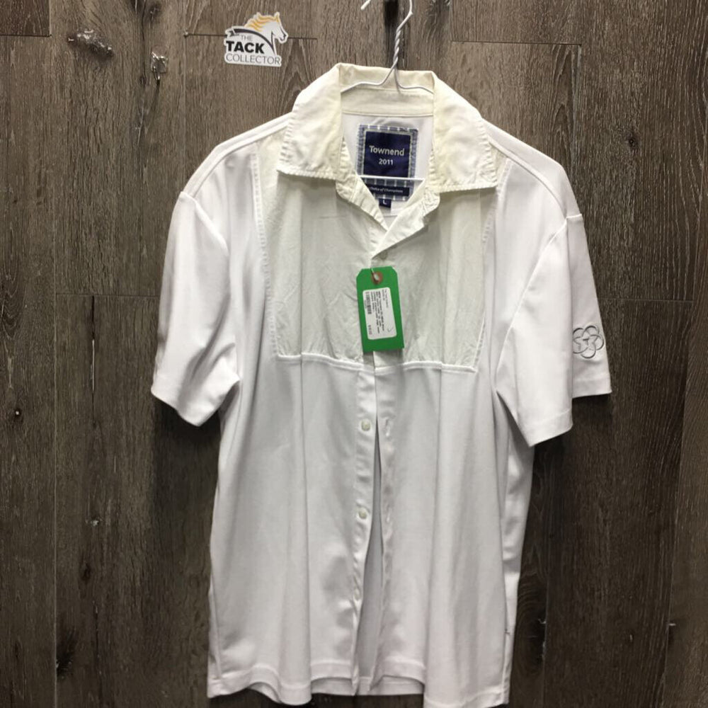 MENS Townend SS MENS Show Shirt, button collar *gc, older, crinkled, stained collar edge, seam puckers